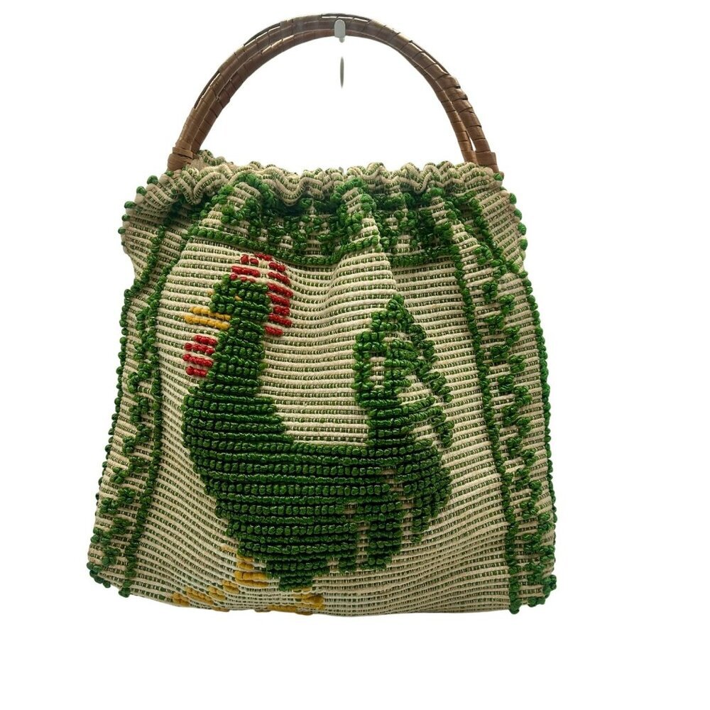 Vintage Woven Rooster Tote‎ Green Portugal 70's Vacation Unique Chicken Boho
